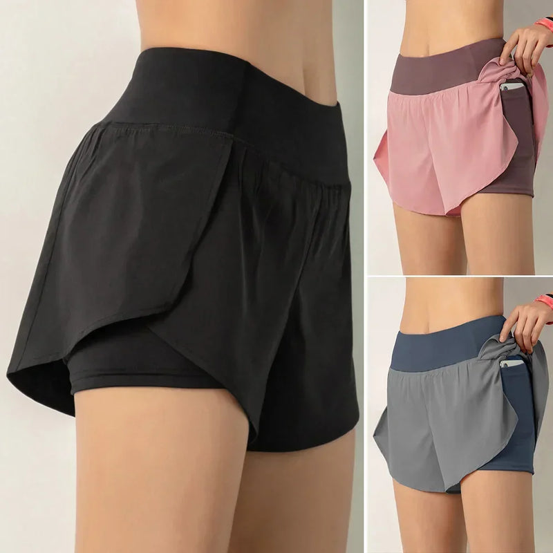 Shorts de corrida feminino 2 em 1 com bolso